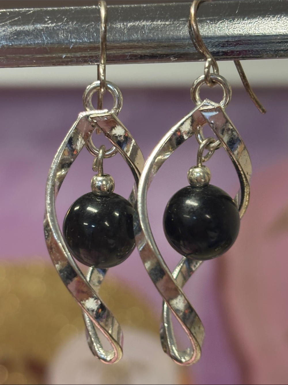 Silver Twist Drop Earrings with Black Bead - Picture 3 of 3